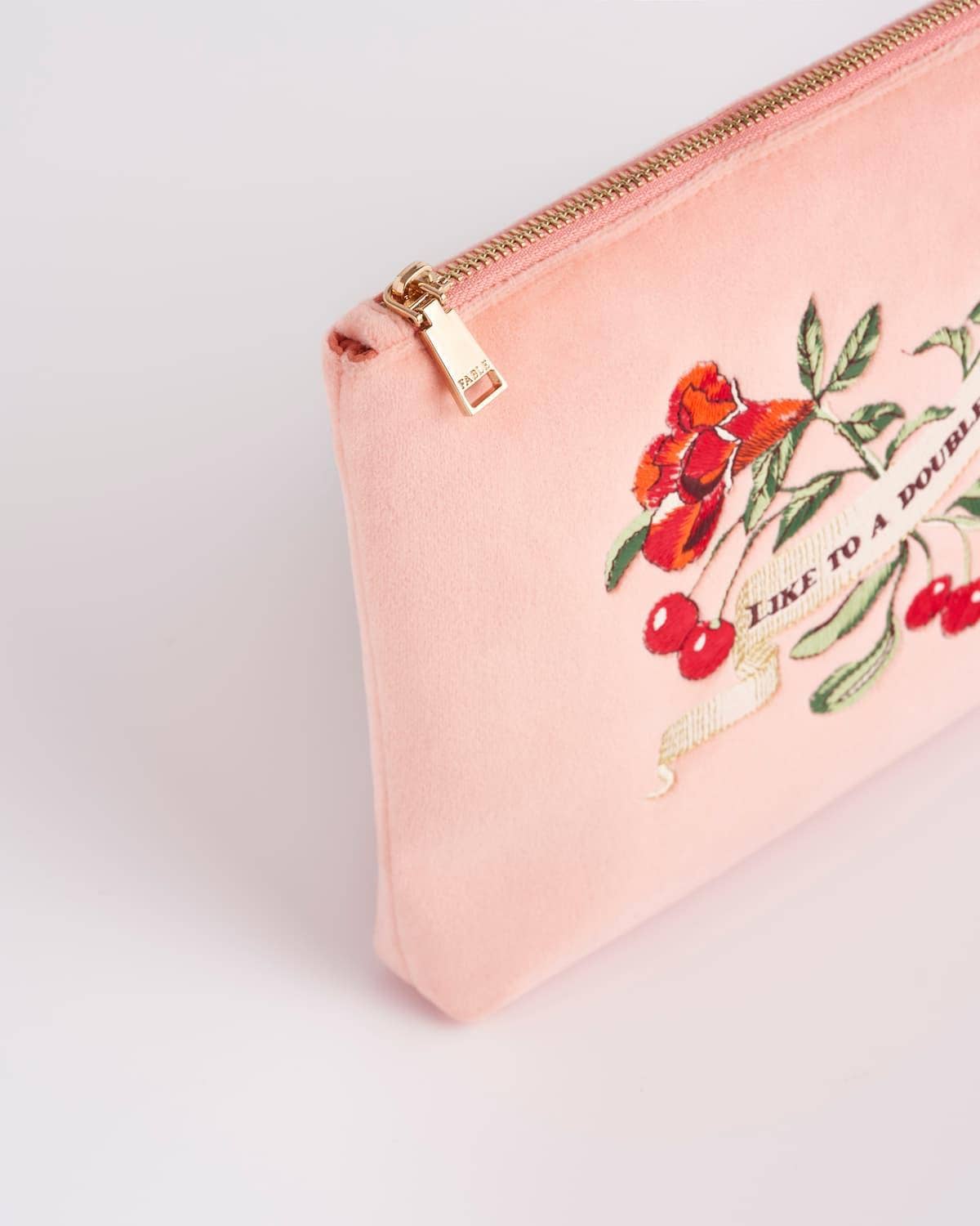 FABLE Midsummer Dream Cherry Embroidered Peach Velvet Pouch