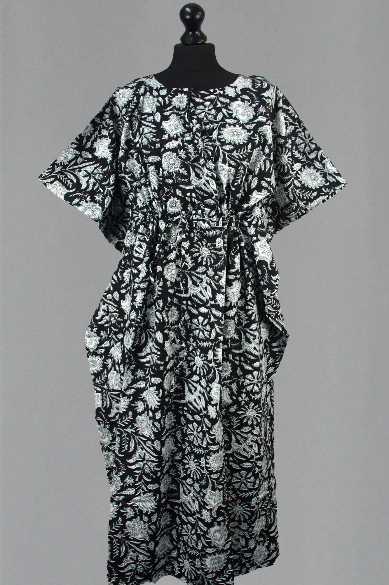 Kantha Decor - Block Printed Cotton Long Kaftans - Black And White Floral