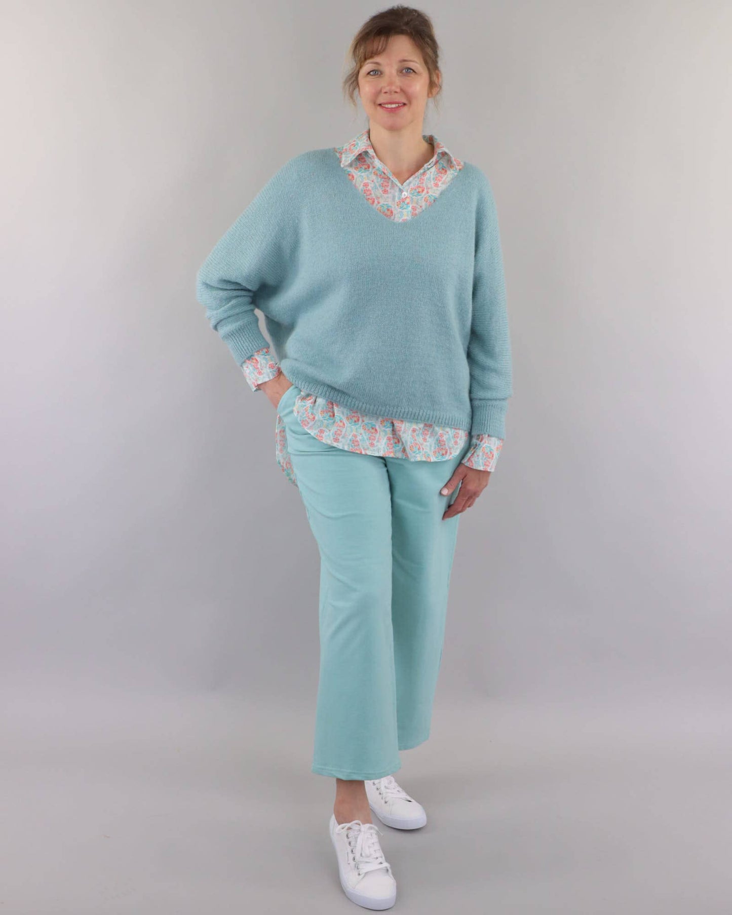 Cadenza Wide Leg Cotton Jersey Trousers: Pink Peppercorn / Small