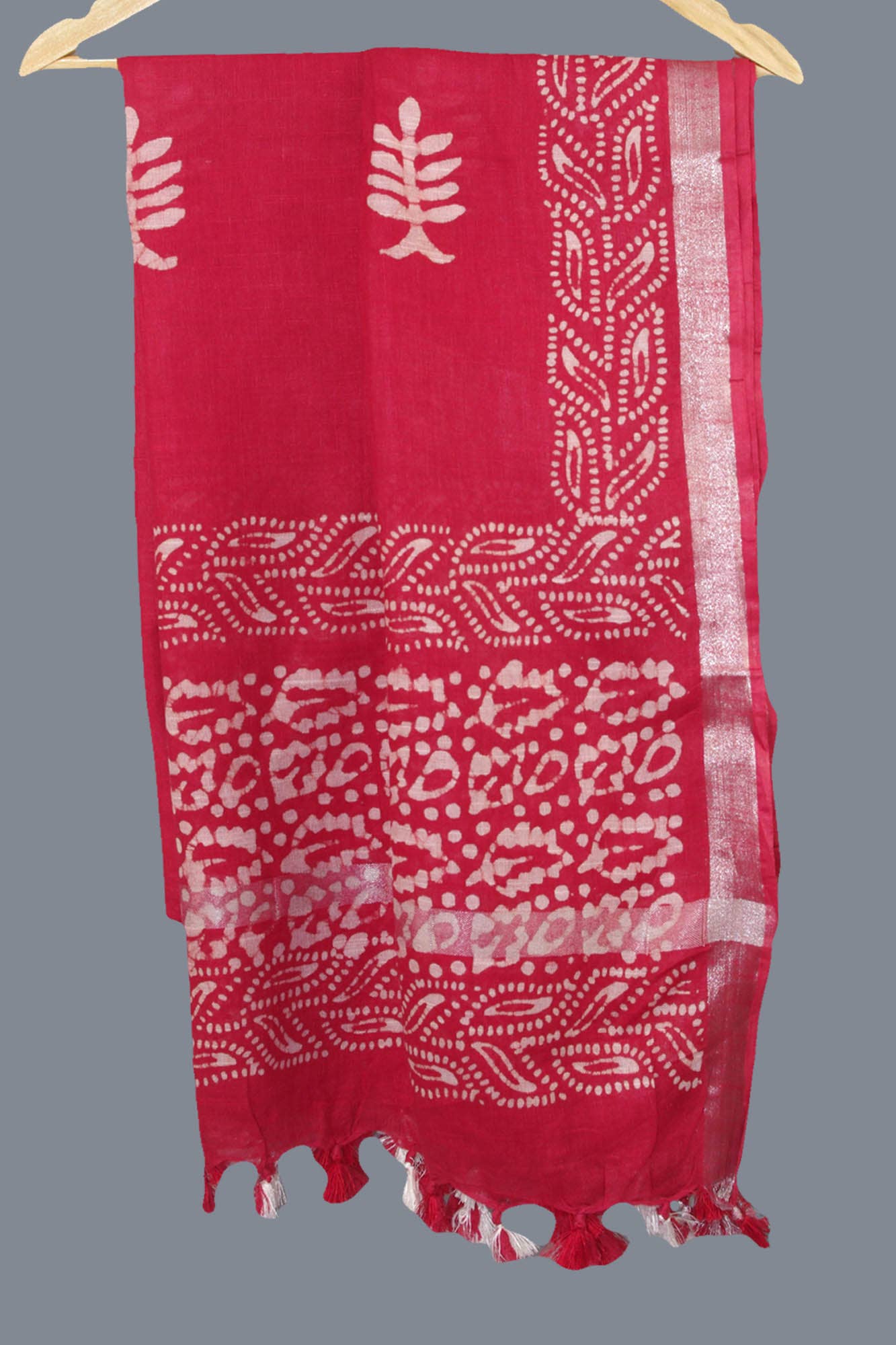 Kantha Decor - Linen Scarf / Stole with Tussle - Red Batik Print