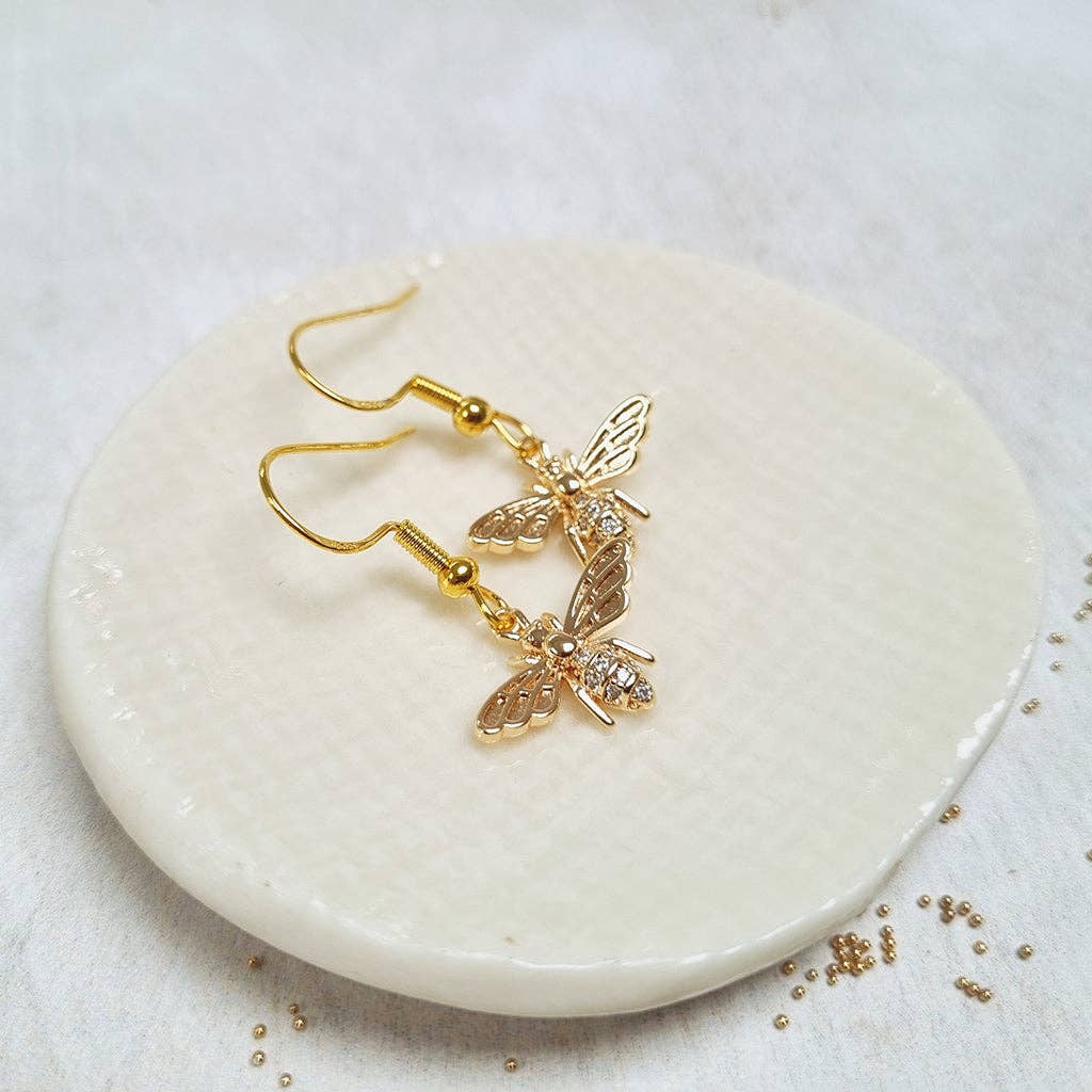 Gold Bee and Crystal French Hook Earrings in a Bottle