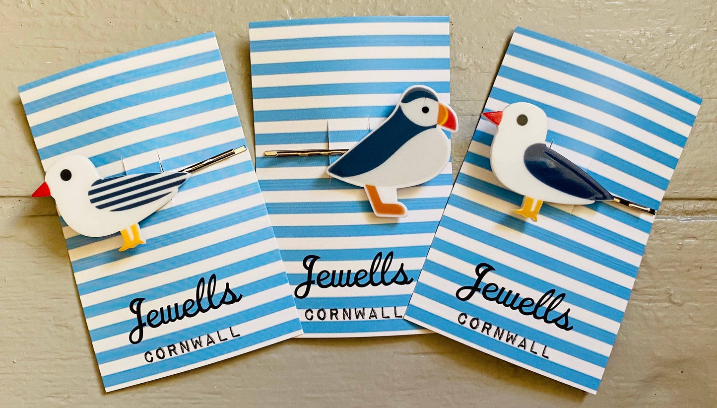 Jewells - Seagull or Puffin resin hair grip clip