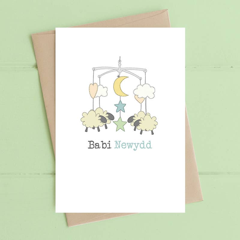 Dandelion Stationery - Welsh Card - Babi Newydd (New Baby) - Mobile With Sheep