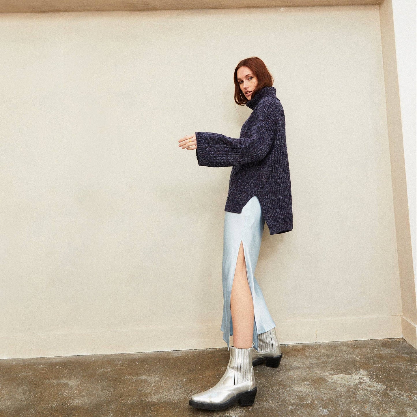 Cara & The Sky - Emily Cable Roll Neck Tunic Jumper - Navy | British Knitwear