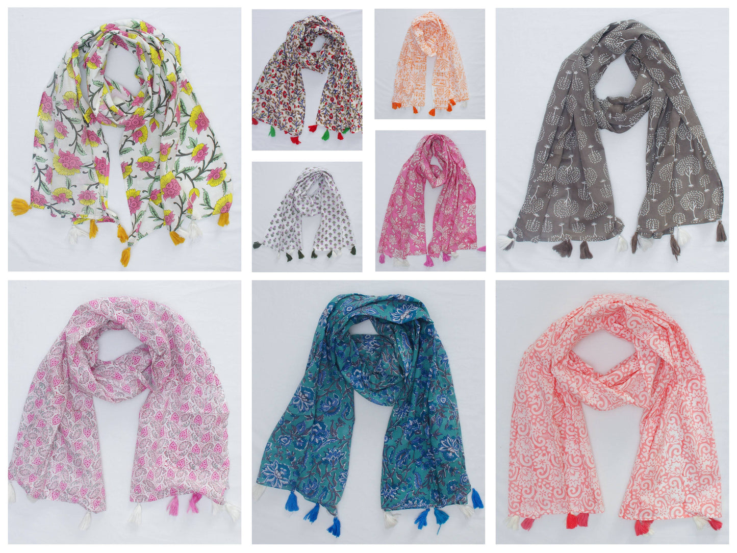 Kantha Decor - Block Printed Long Scarf With Tassels - Assorted Floral