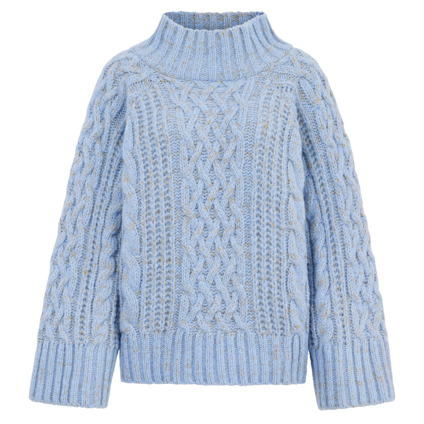 Cara & The Sky - Sarah High Neck Cable Wide Sleeve Jumper - Blue Knit Sweater