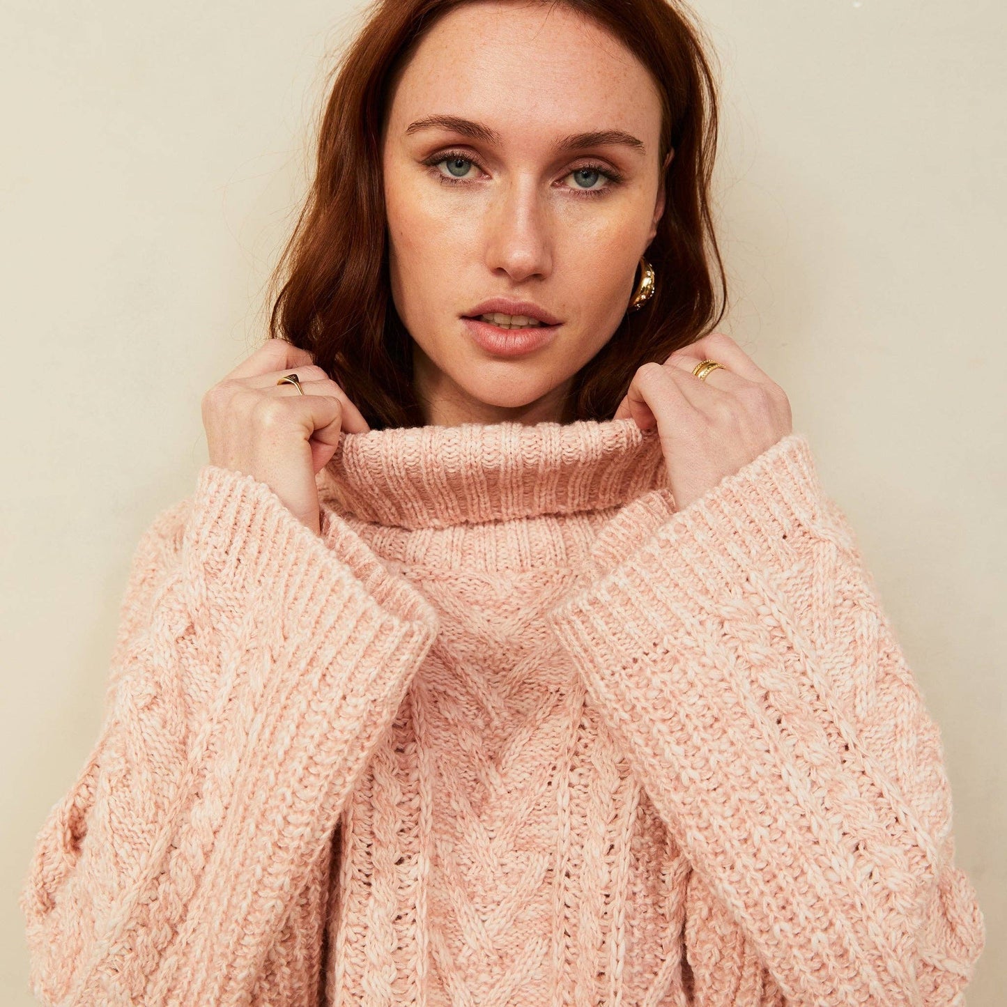 Cara & The Sky - Emily Cable Roll Neck Sweater - Dusky Pink