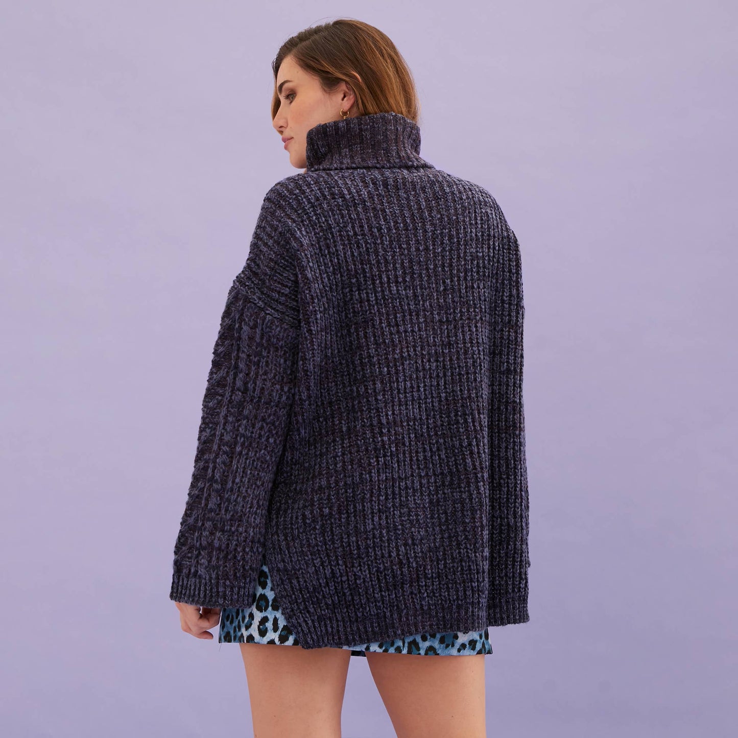 Cara & The Sky - Emily Cable Roll Neck Tunic Jumper - Navy | British Knitwear
