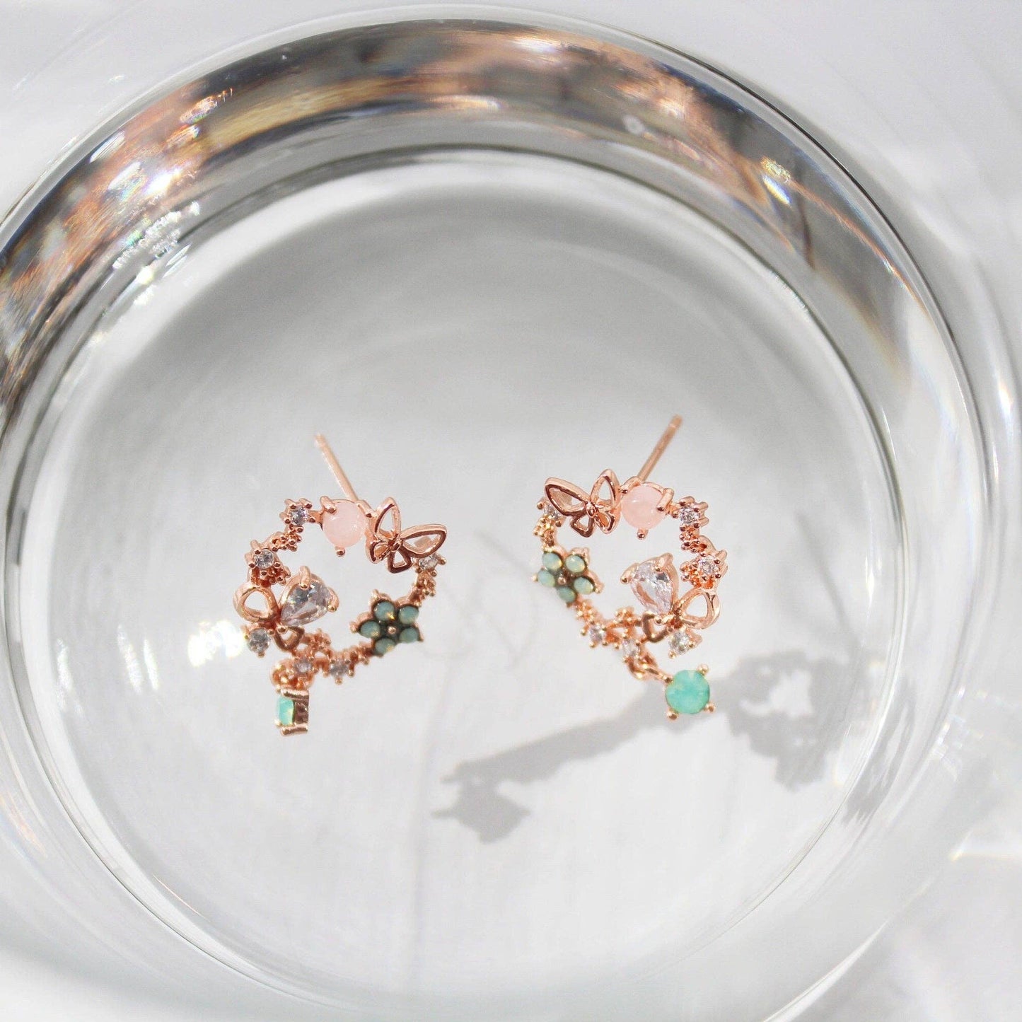 Ninaouity - Gold Butterfly Flower Earrings - with Mini Crystal Drop