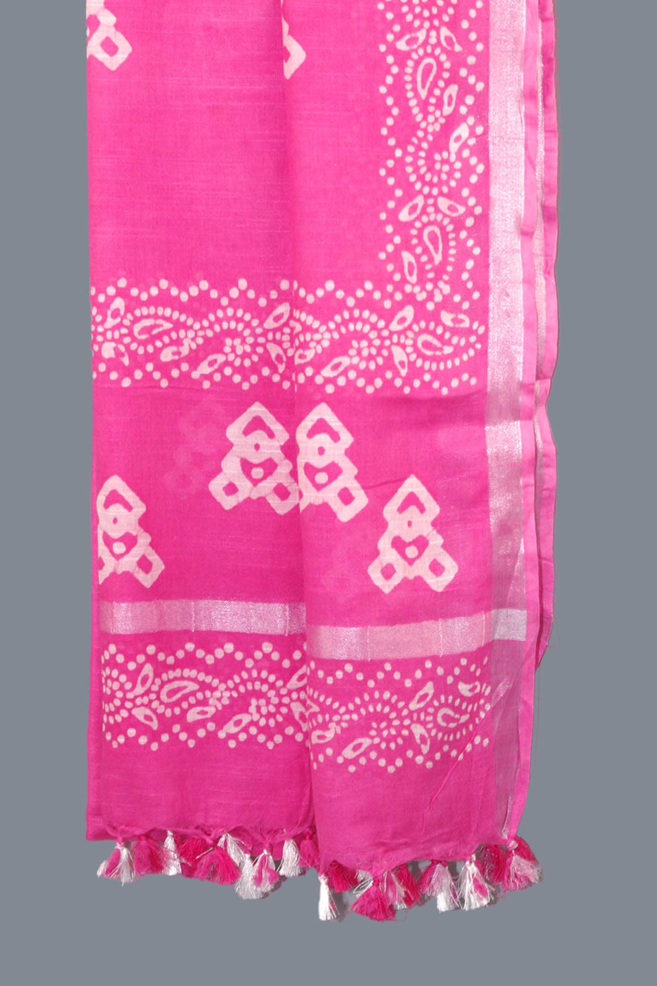 Kantha Decor - Linen Scarf / Stole with Tussle- Pink White Batik Print