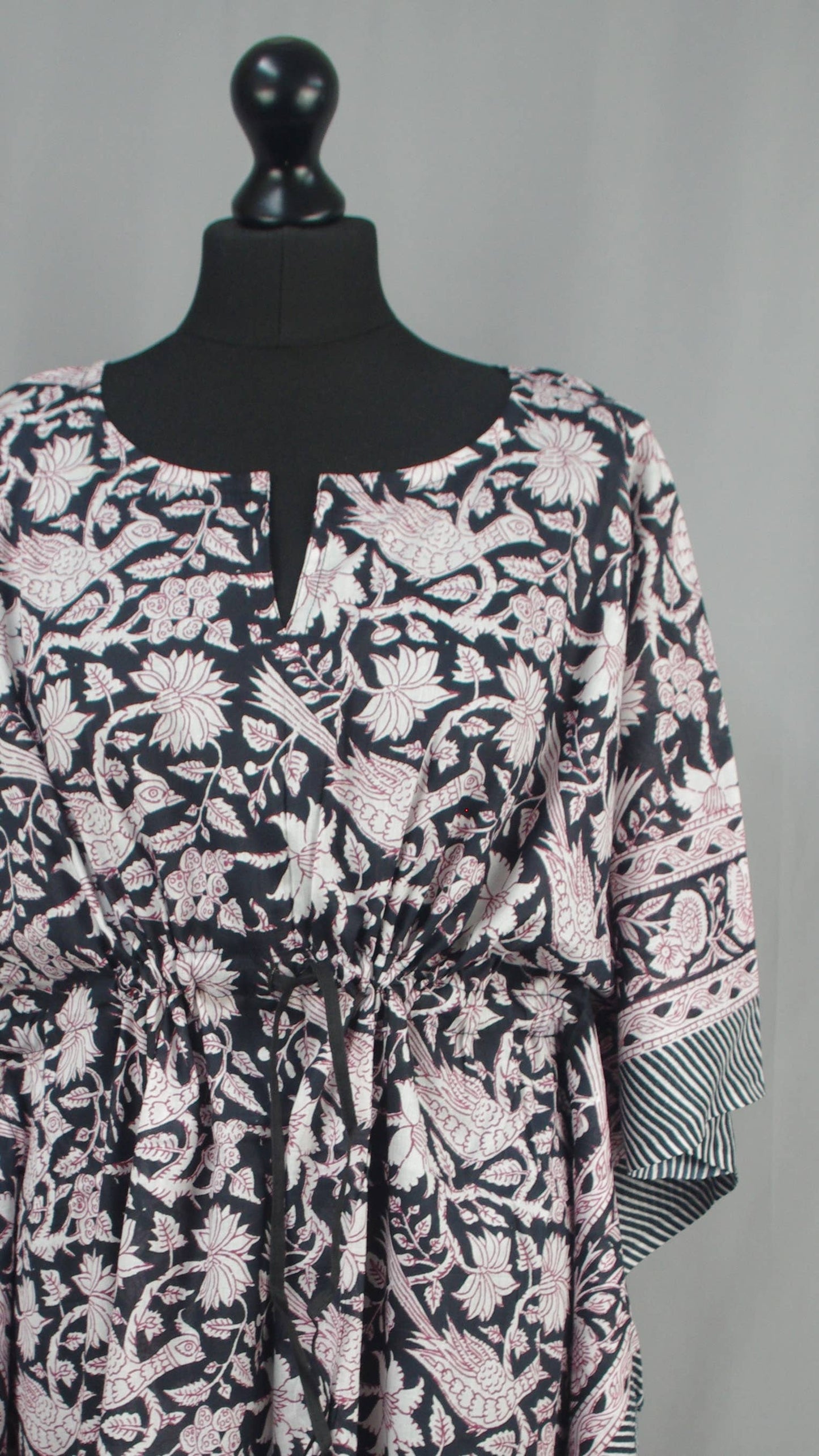 Kantha Decor - Block Printed Cotton Coverup /Kaftans - Coral Black Floral