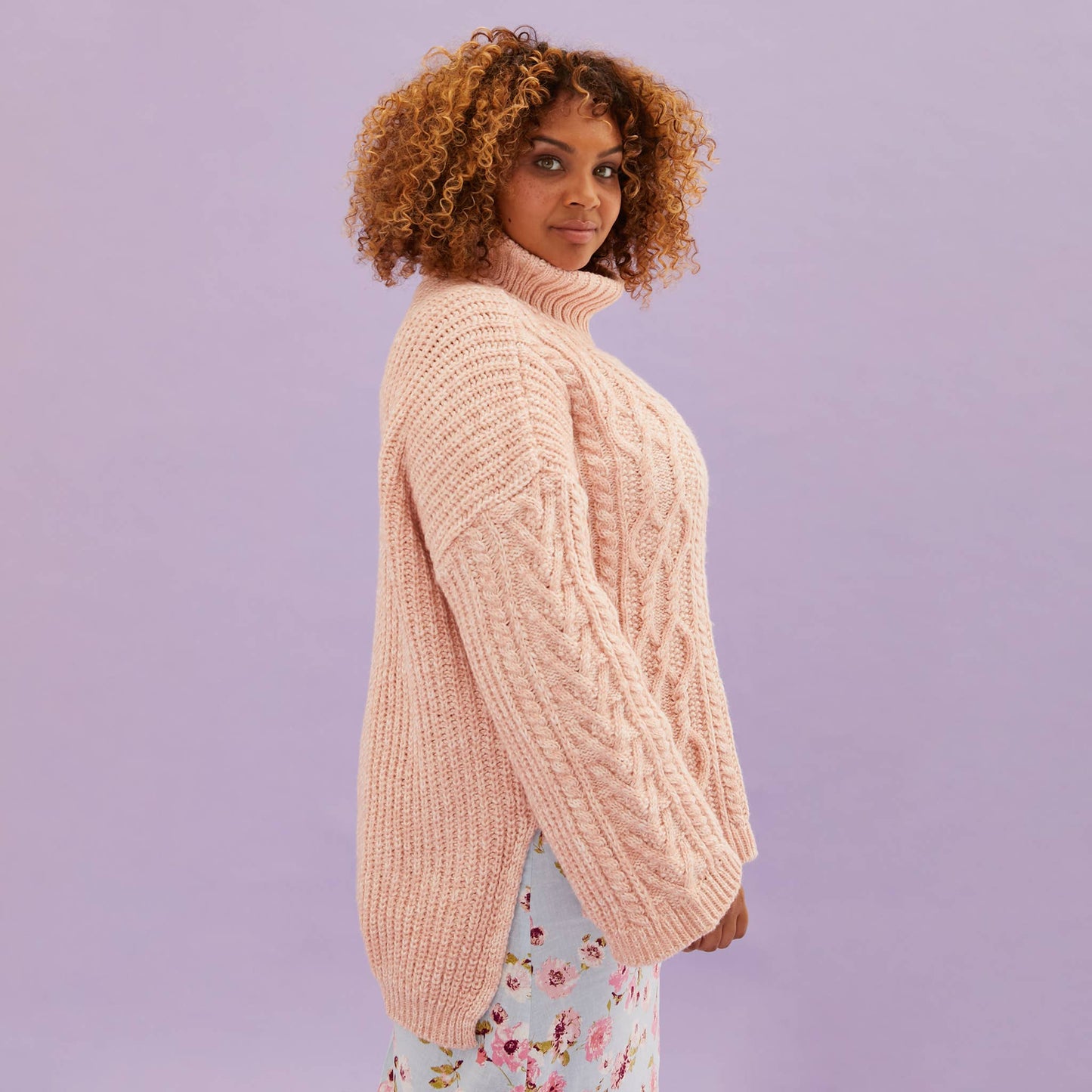 Cara & The Sky - Emily Cable Roll Neck Sweater - Dusky Pink
