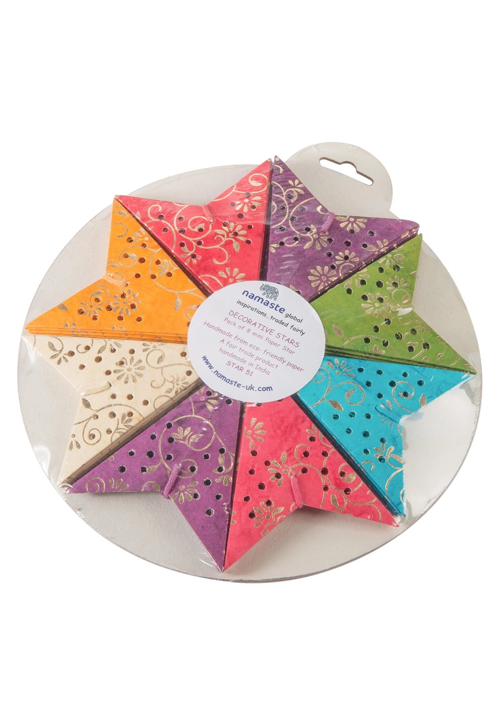 Namaste - Set of 8 handmade paper stars in gold flower batik STAR51