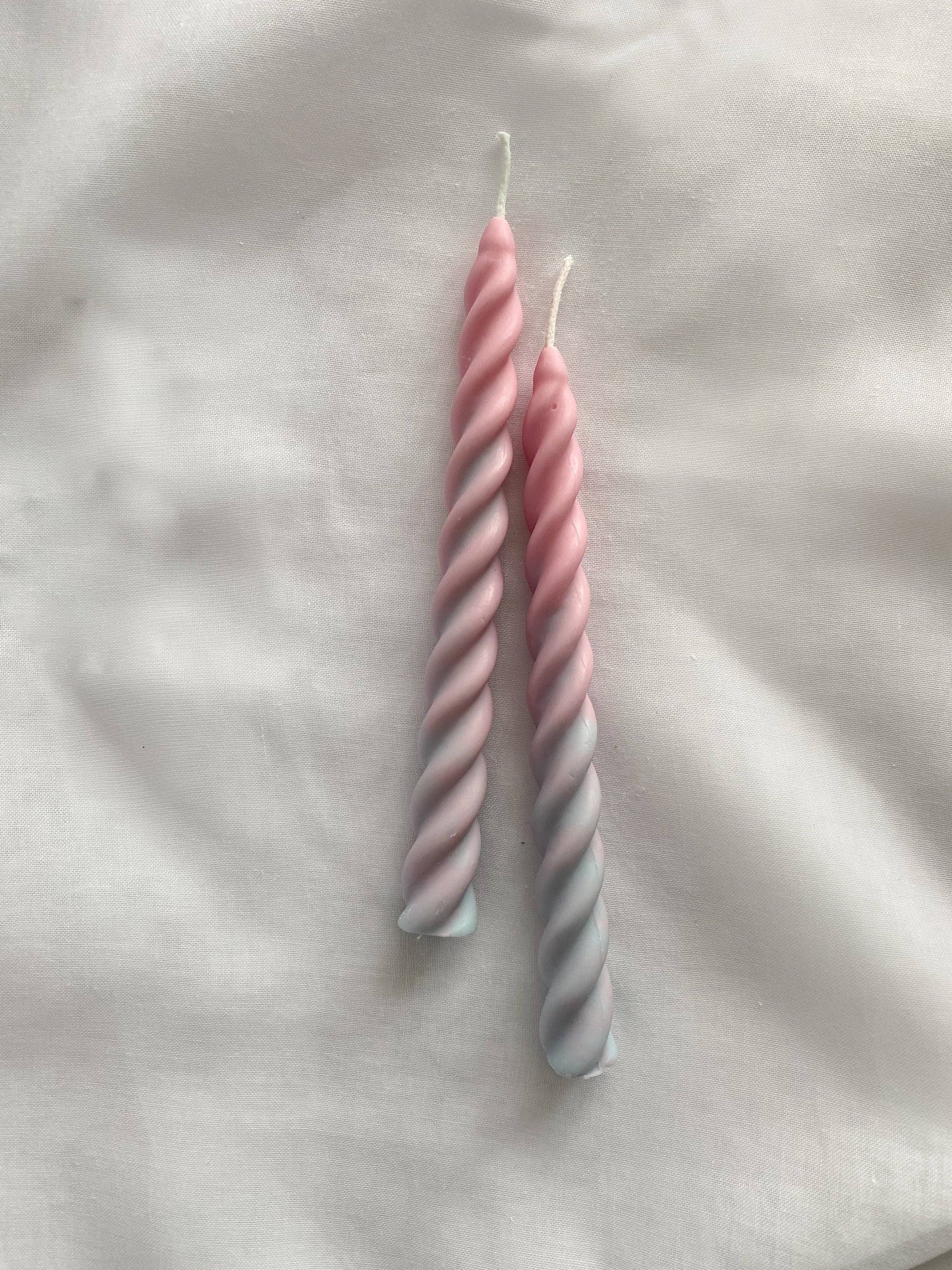 Ombre Blue and Pink Twirl Candlesticks. Vegan, soy