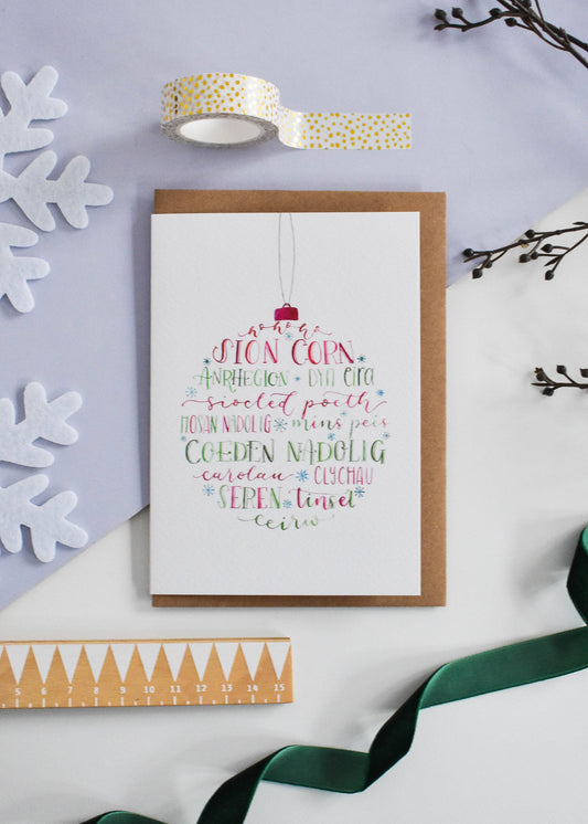 Welsh Typographic Christmas Bauble Card