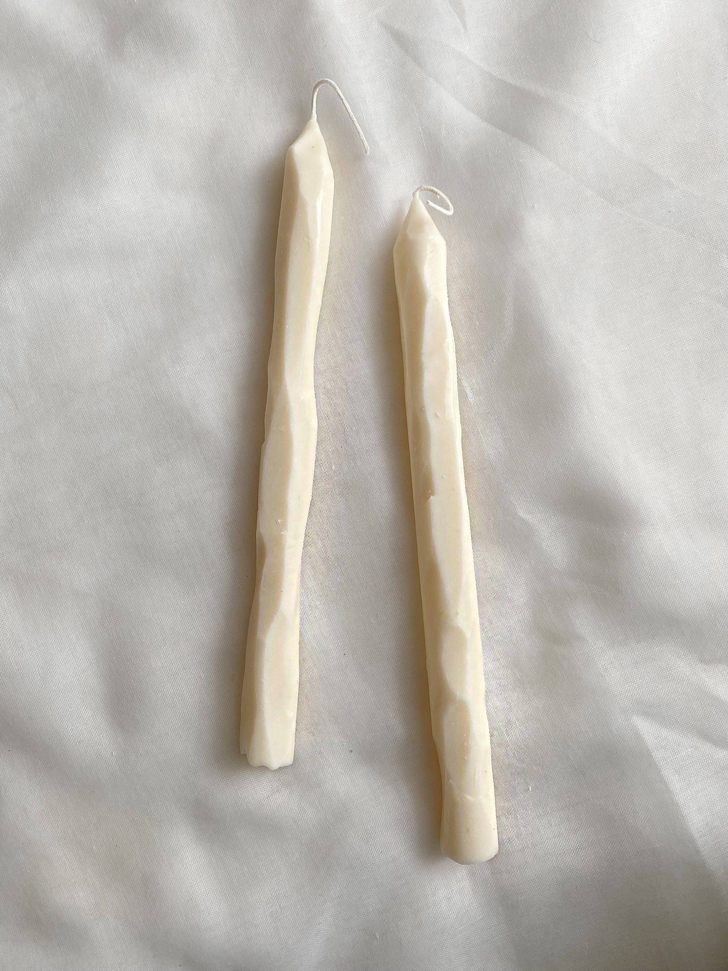 Hand carved white tapered candlesticks. Vegan, soy wax