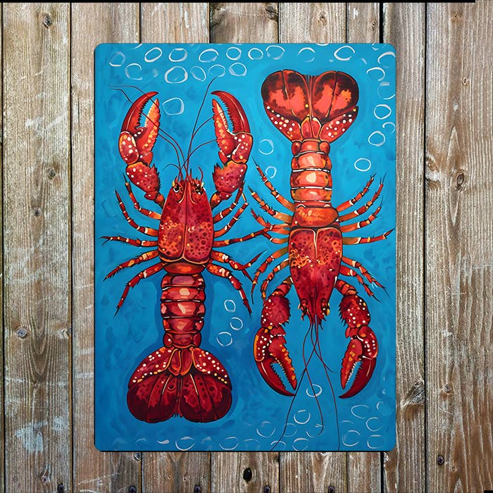 Vibrant Lobsters Blue Red Sea Nautical Metal Sign Plaque