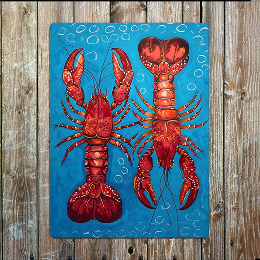 Vibrant Lobsters Blue Red Sea Nautical Metal Sign Plaque