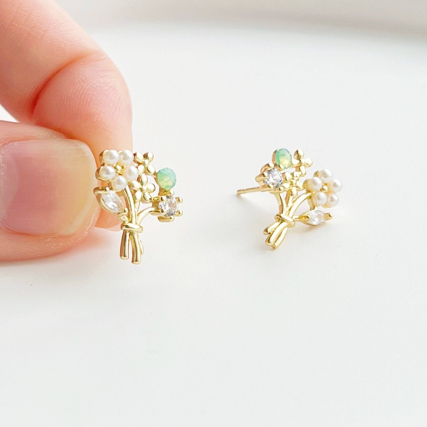 Ninaouity - Gold Flower Banquet with Pearl and Green Crystal Earrings