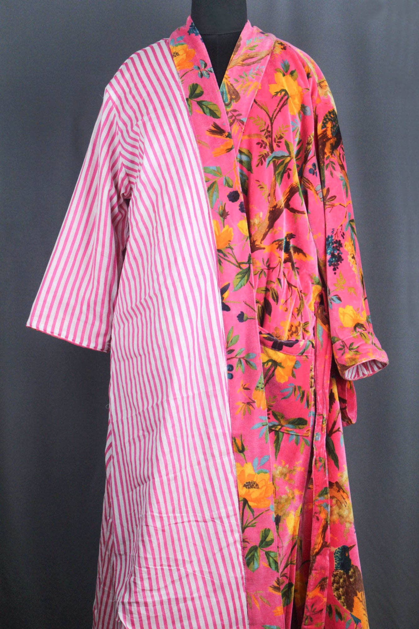 Velvet Kimono With Lining Gown- Pink Yellow Bird of Paradise