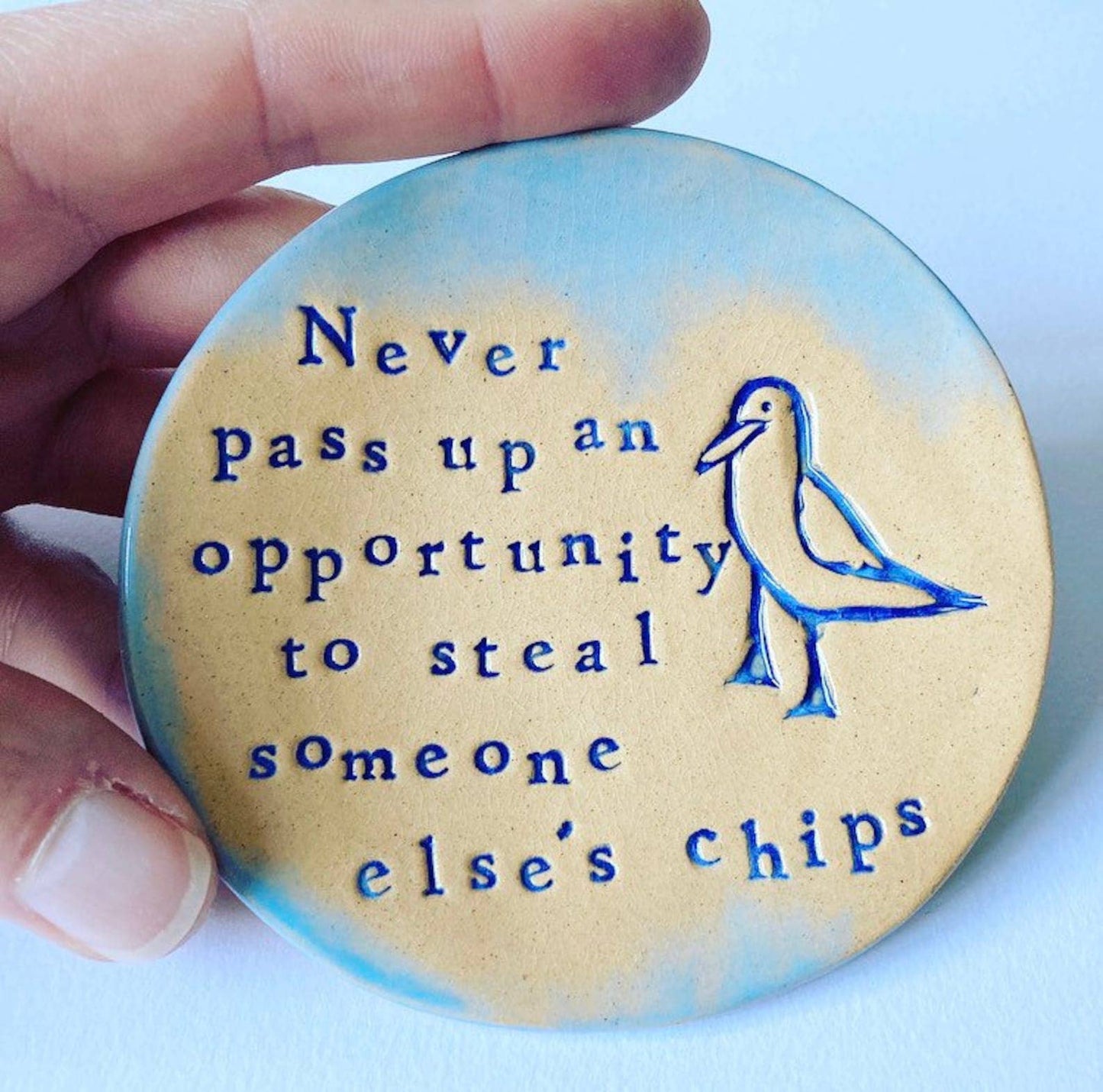 Chip Stealing Seagull Ceramic Dish: Handmade Jewelry Holder