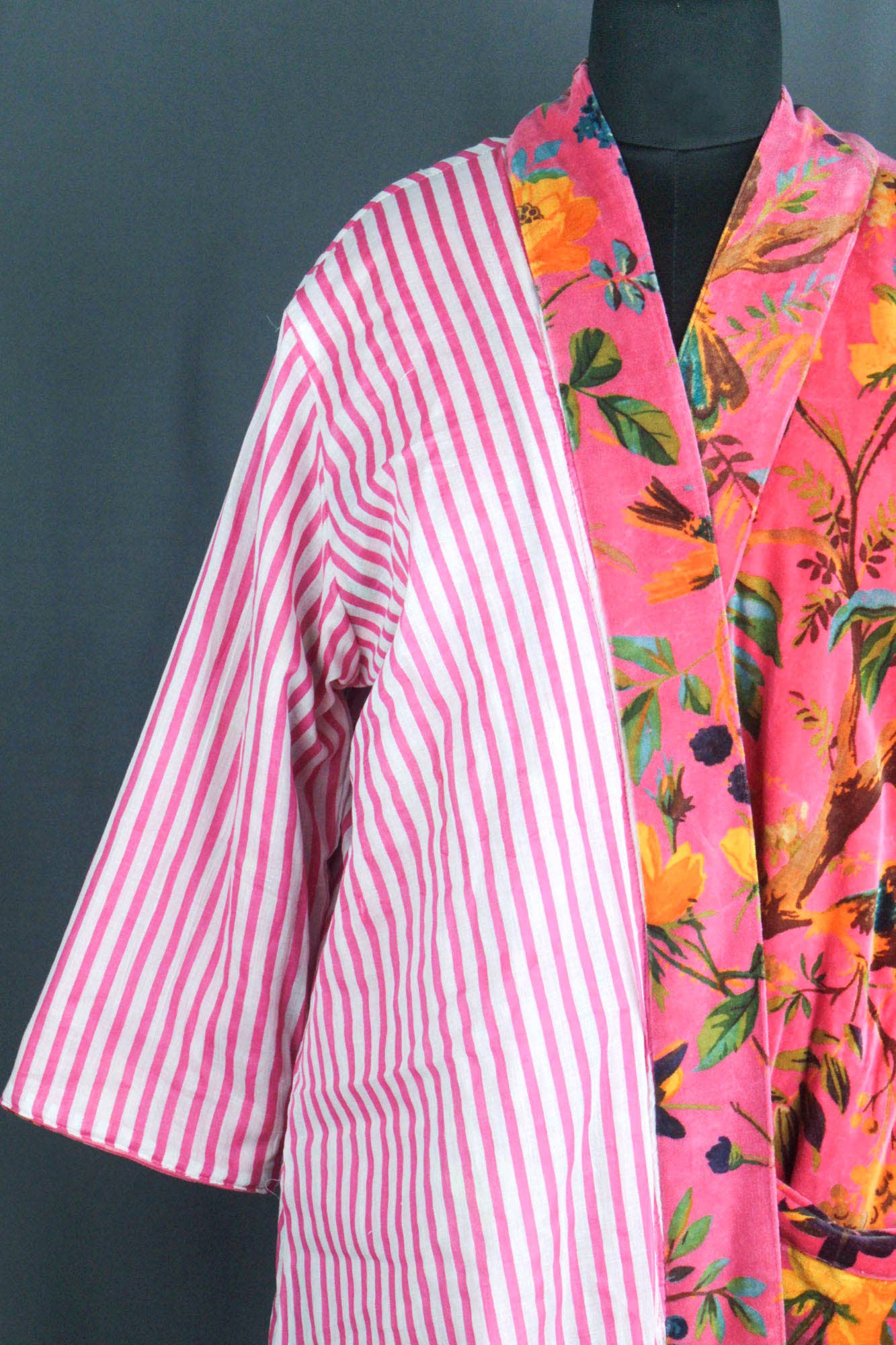 Velvet Kimono With Lining Gown- Pink Yellow Bird of Paradise