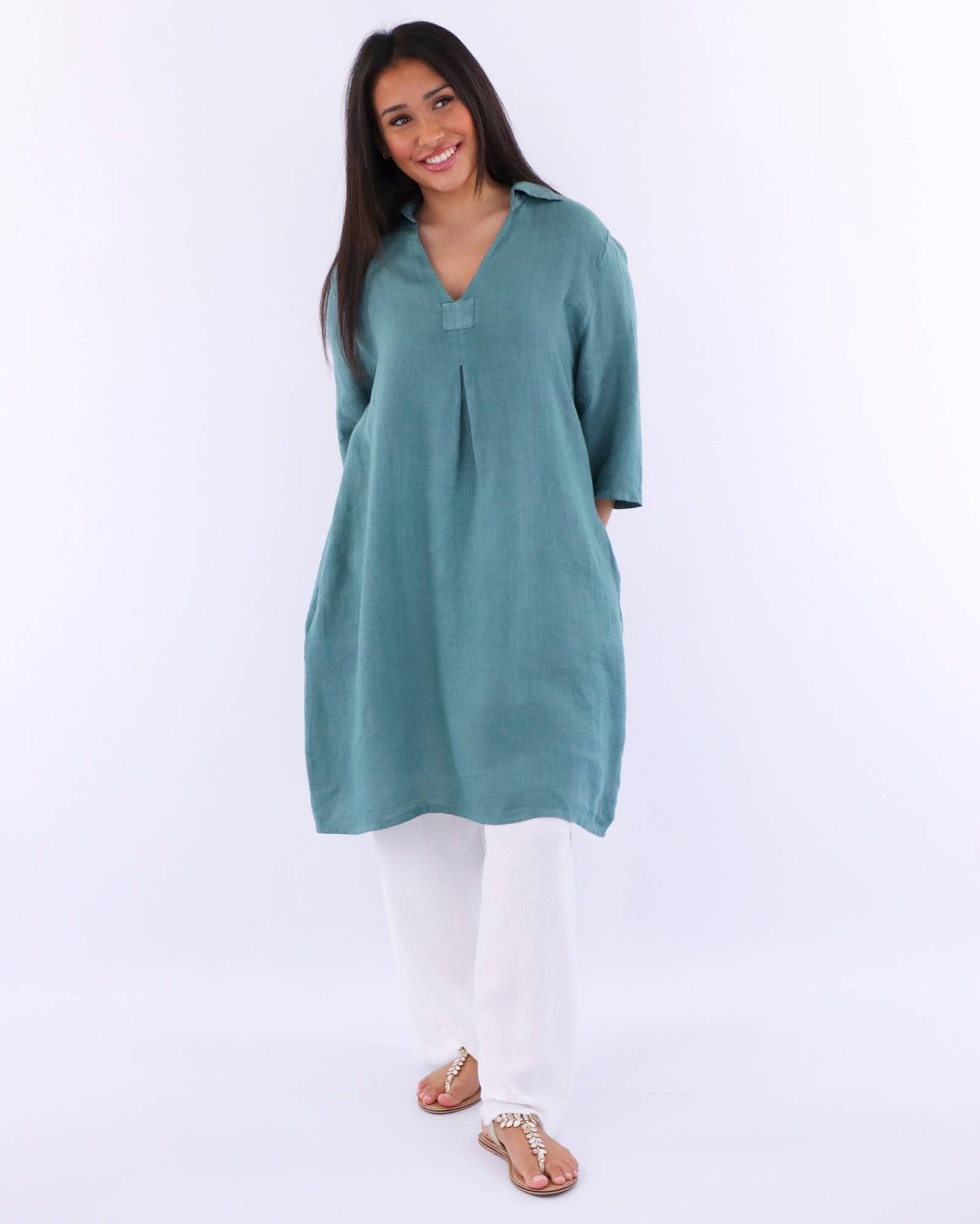 Cadenza V Neck Linen Shirt-Dress: One Size