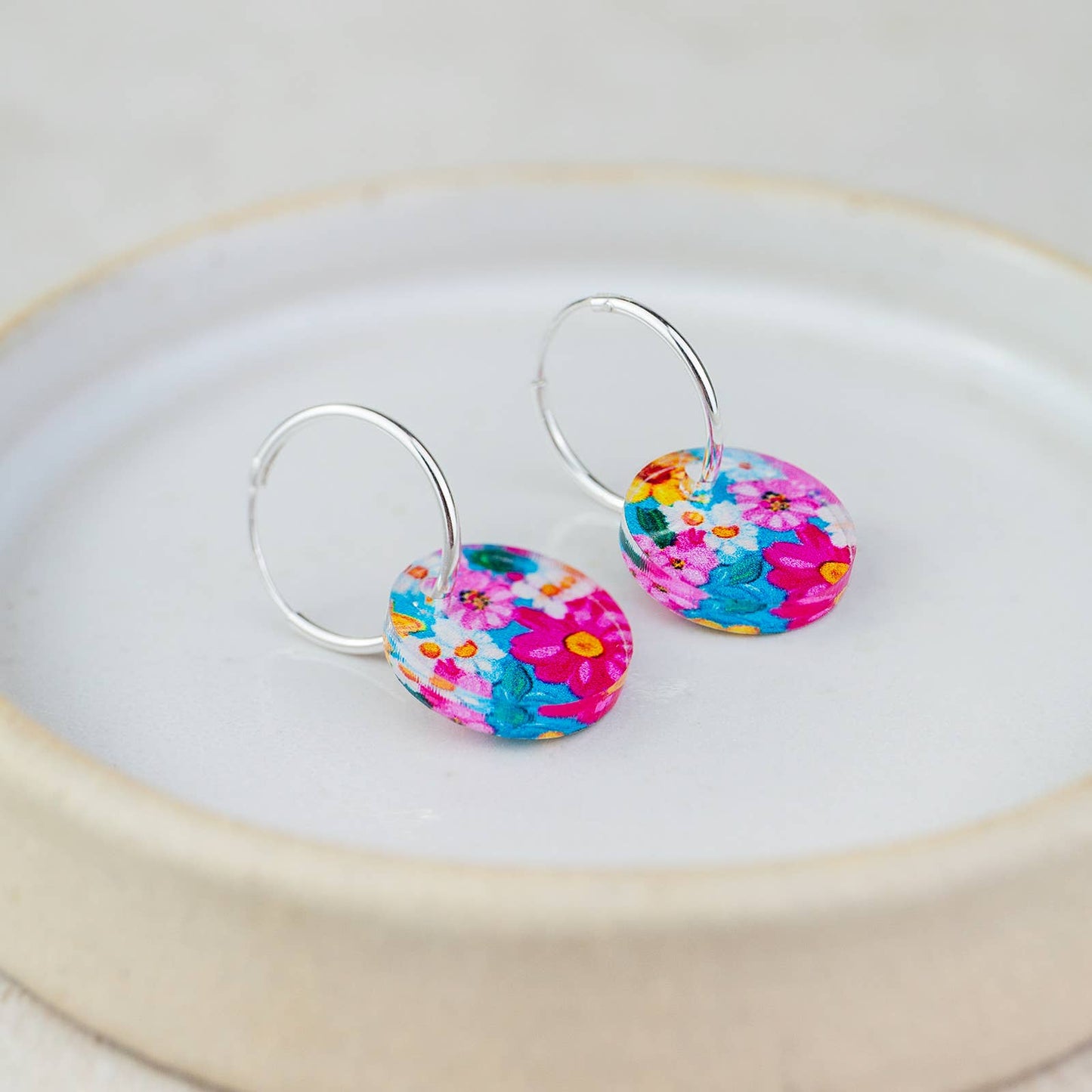 Sterling Silver And Acrylic Colourful Floral Charm Hoops