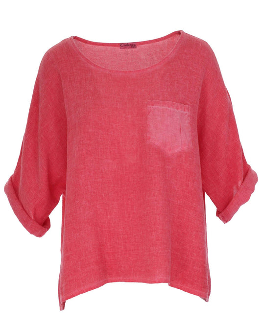 Cadenza - Linen and Cotton Blend Pocket Top: Coral / One Size