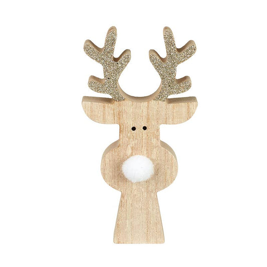 WOODEN REINDEER WITH WHITE FURRY NOSE