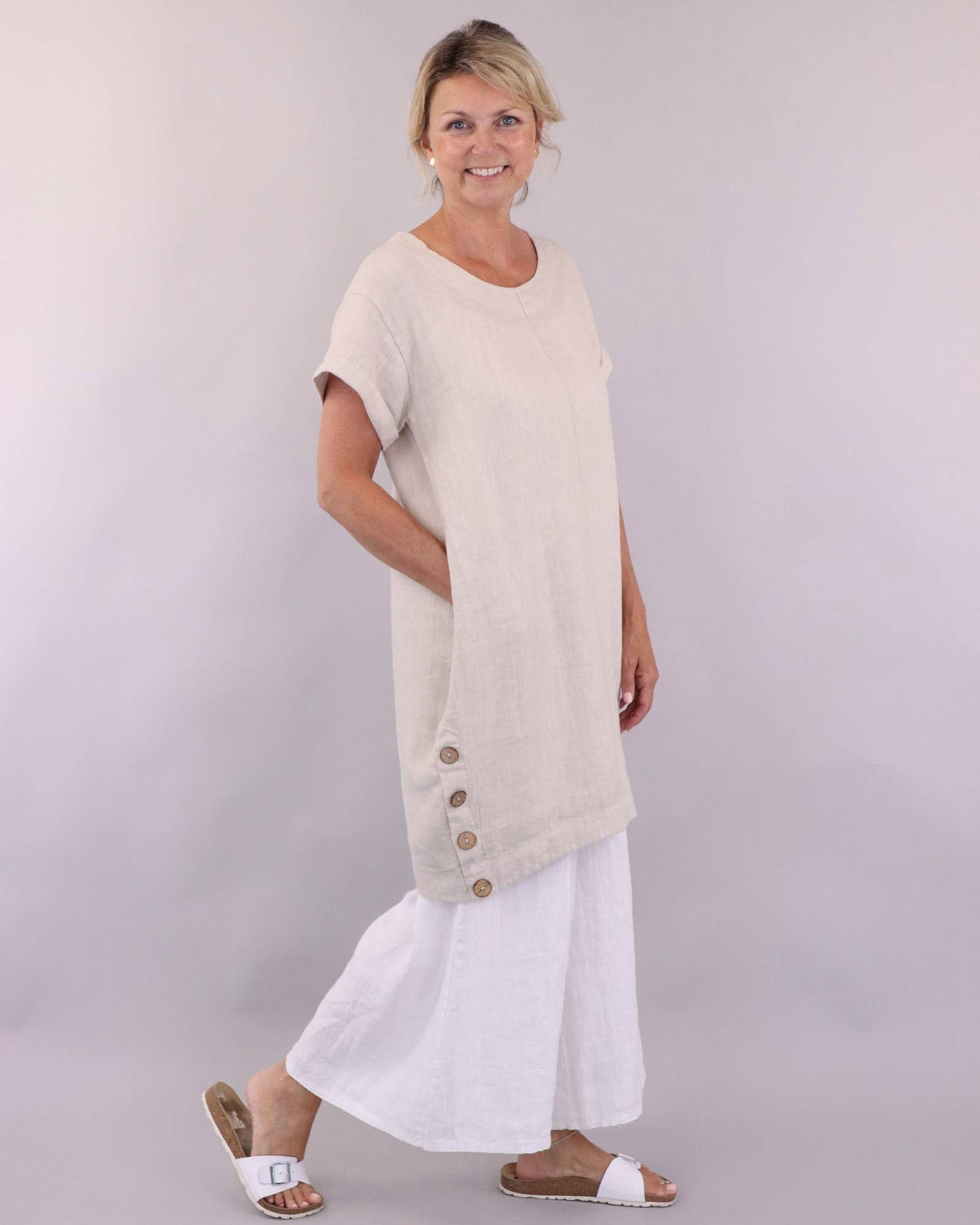 Cadenza Coconut Button Linen Dress: White