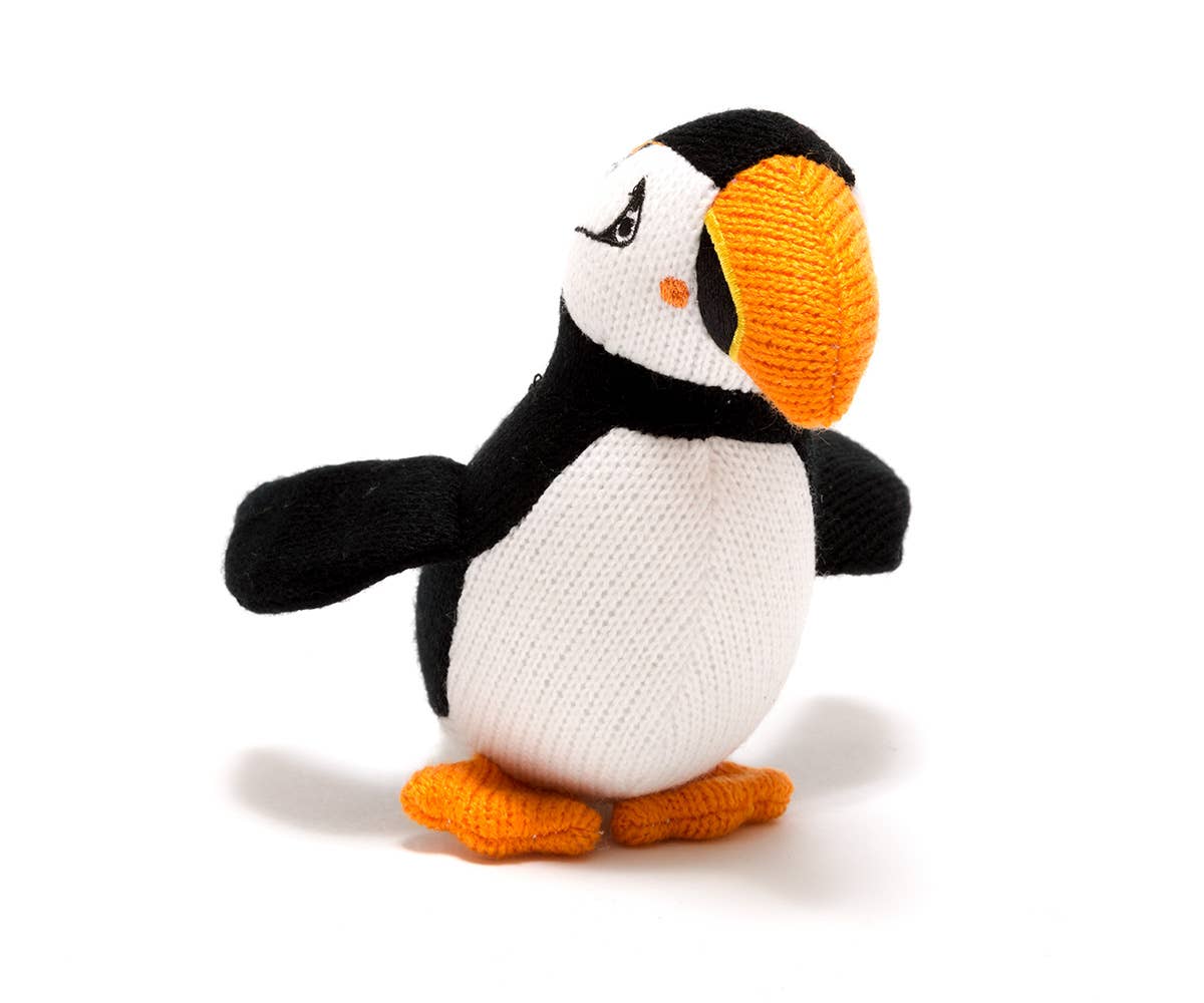 Puffin Baby Rattle, Knitted Seabird Baby Toy