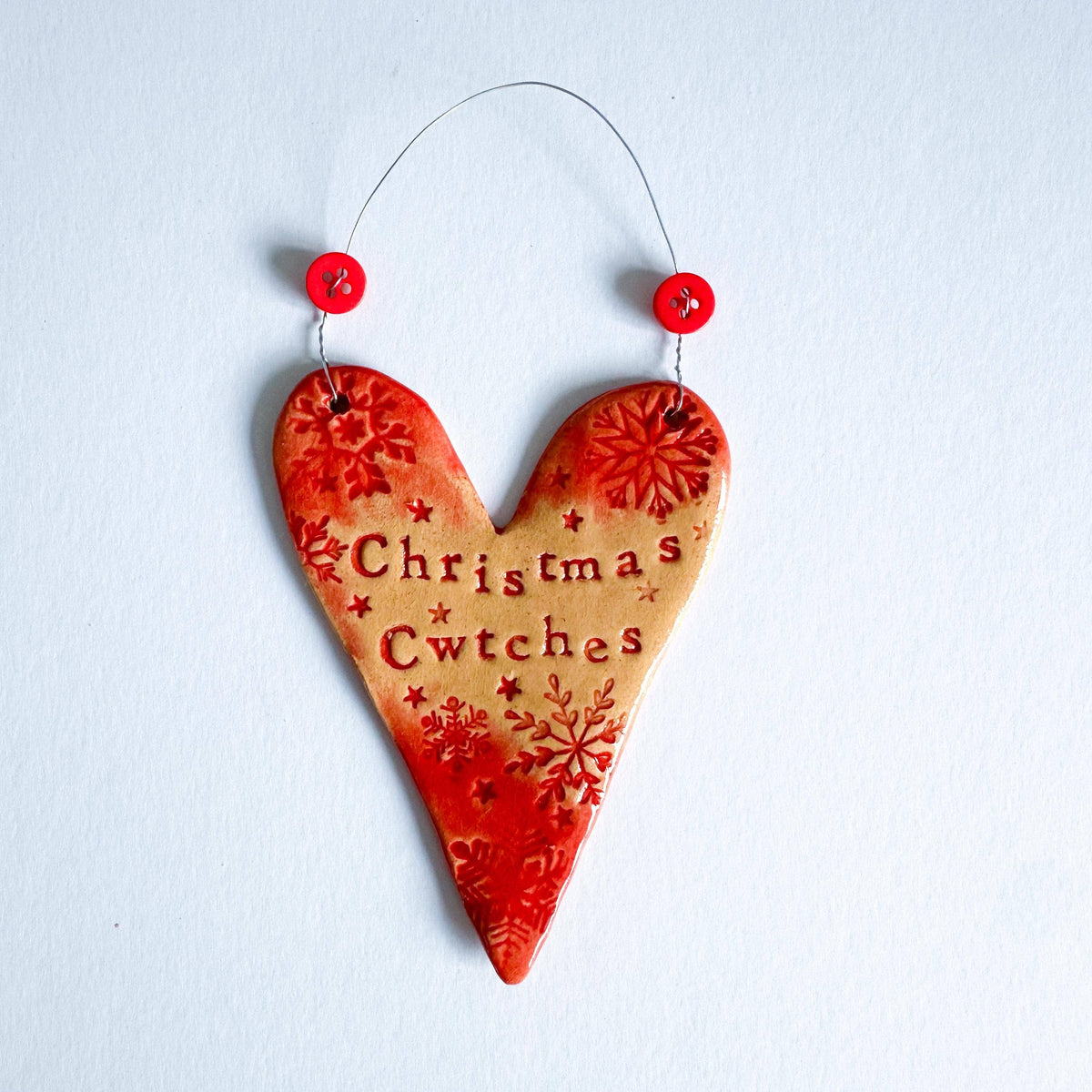 Ceramic Christmas Cwtches Heart Decoration Handmade in Wales