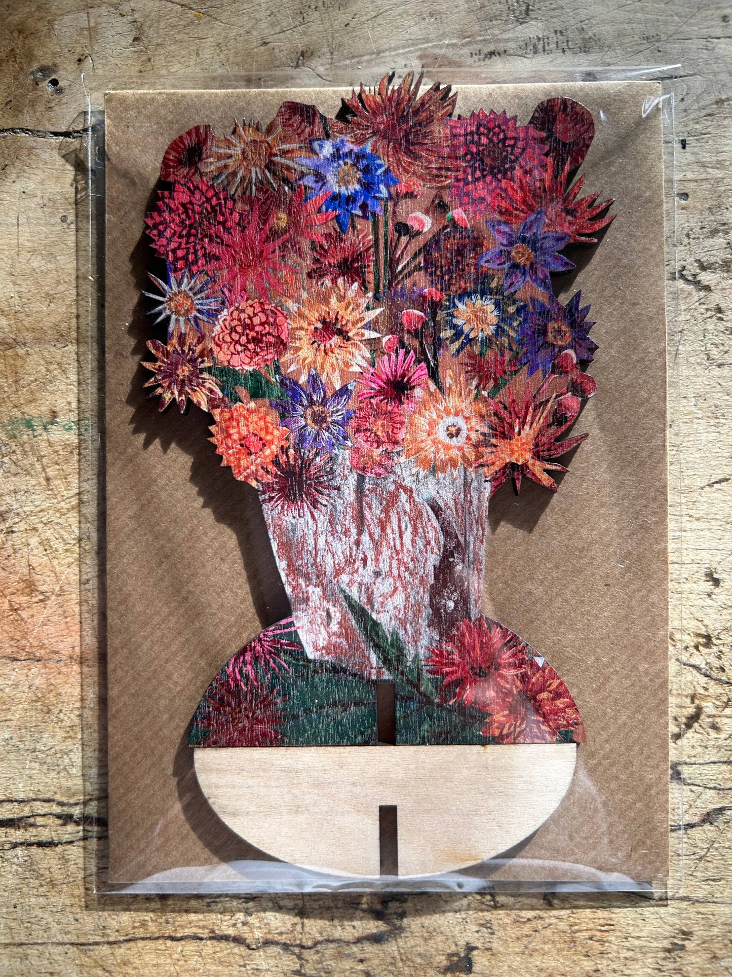 Clare O’Neill Artworks - Dazzling Dahlias laser cut birch plywood keepsake and stand