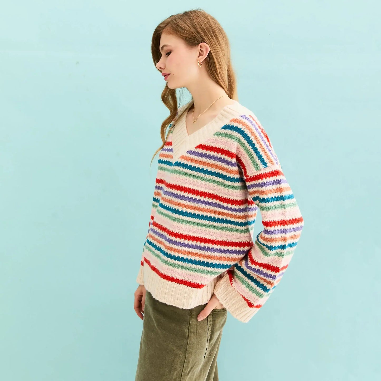 Cara & The Sky - Jasmine Wide Sleeve V Neck Striped Jumper | Women's Knitwear