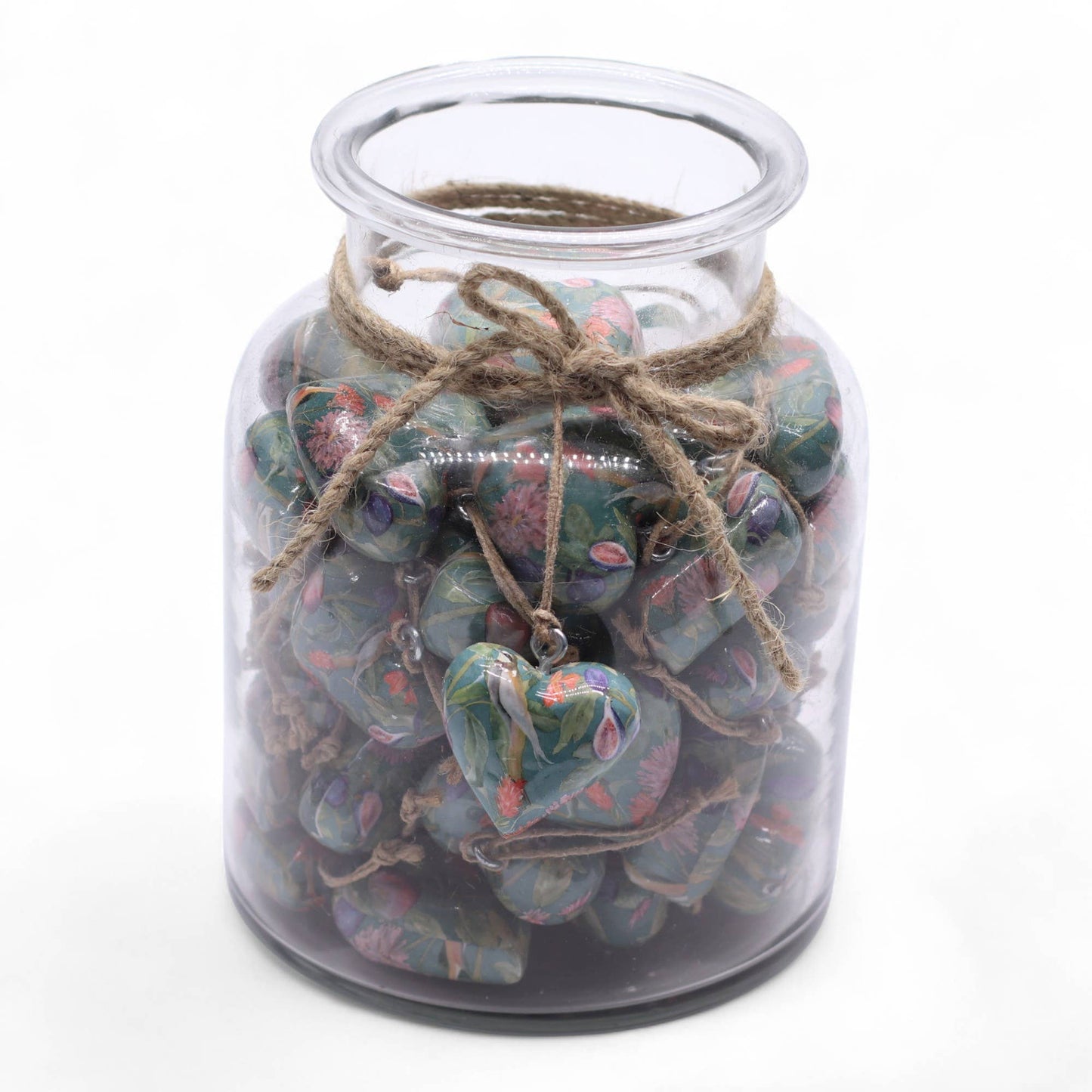 Decor Wood Hearts -  Bird & Floral (50) - in Jar