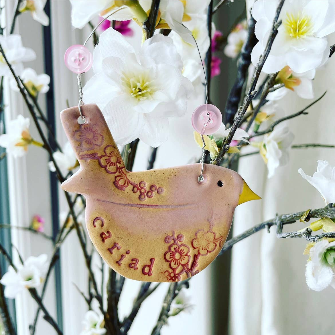 Cariad Ceramic Bird Hanging Decoration, Made in Wales