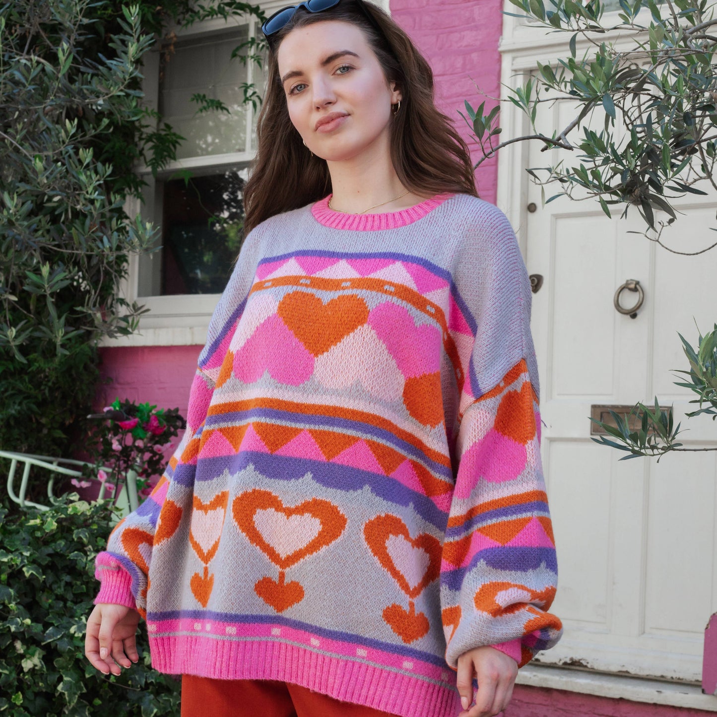 Cara & The Sky - Poppy Heart Intarsia Balloon Sleeve Oversized Jumper - Blue