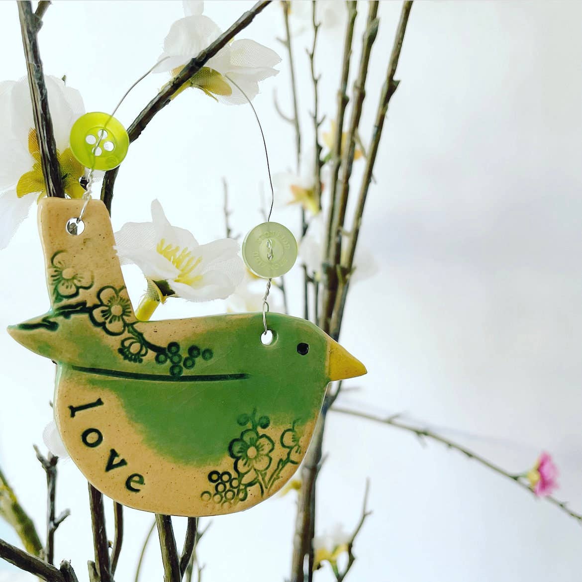 Ceramic Love Bird Hanging Decoration, Made in Wales