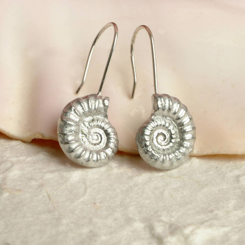 Ammonite Fossil Drop Earrings, English Pewter Jewellery