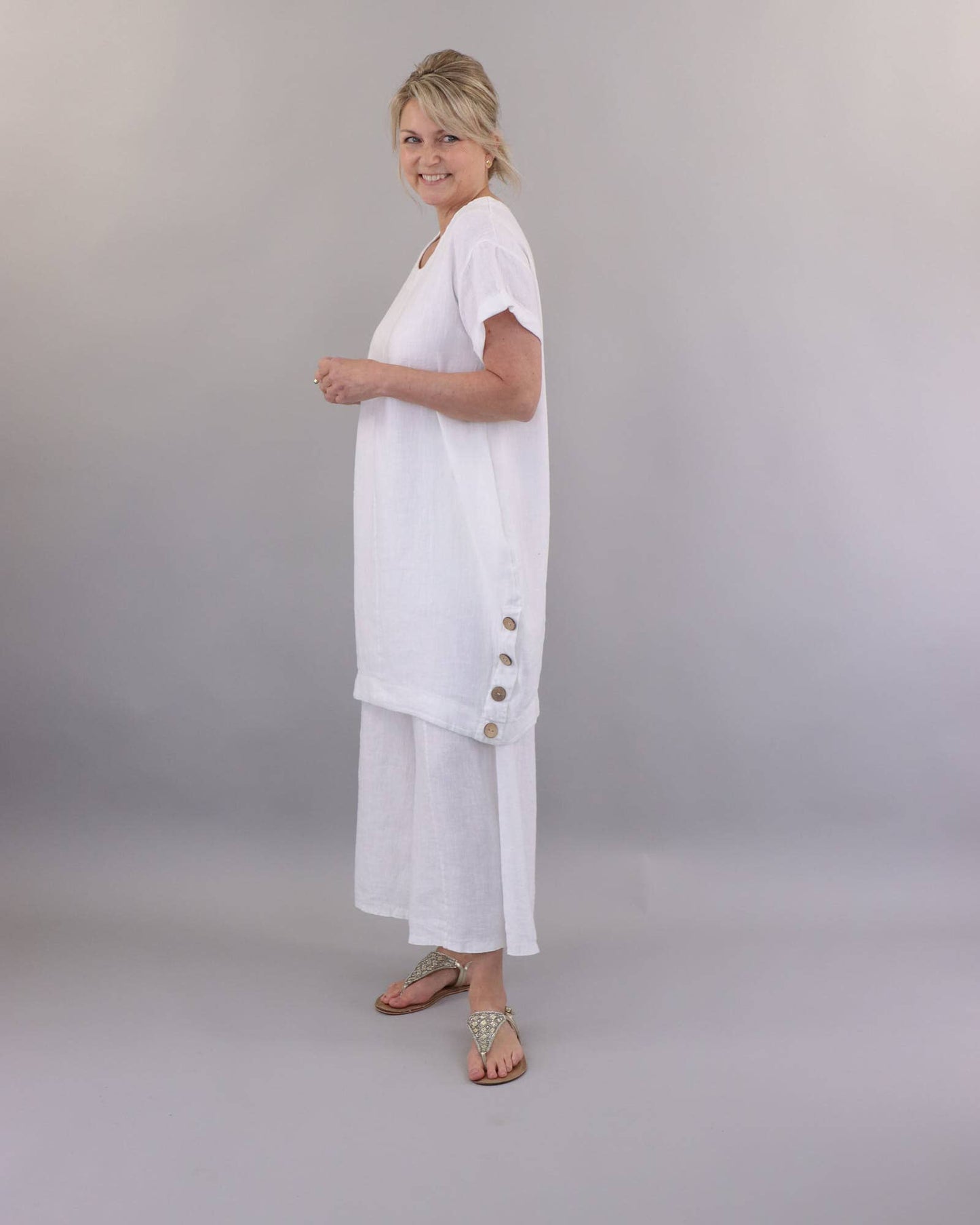 Cadenza Coconut Button Linen Dress: White