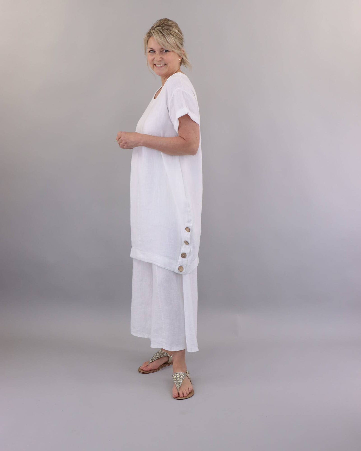 Cadenza Coconut Button Linen Dress: Lotus