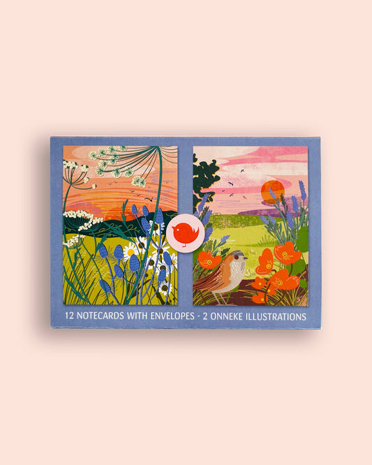 Onneke - Pack of 12 notecards with envelopes, 2 floral illustrations