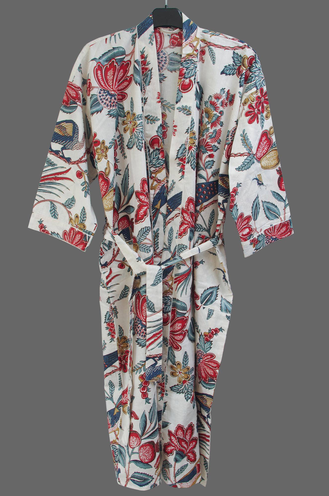 Kanthor Decor Cotton Kimono Dressing Gown Robe -Tropical Birds On White