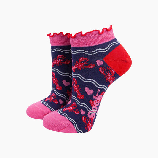 Lobsters in Love Bamboo Trainer Socks in Navy Blue