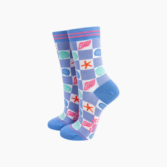 Seashell Checkerboard Bamboo Socks in Blue