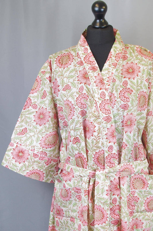 Kanthor Decor Cotton Kimono Dressing Gown Robe - Pink Sunflowers On Cream