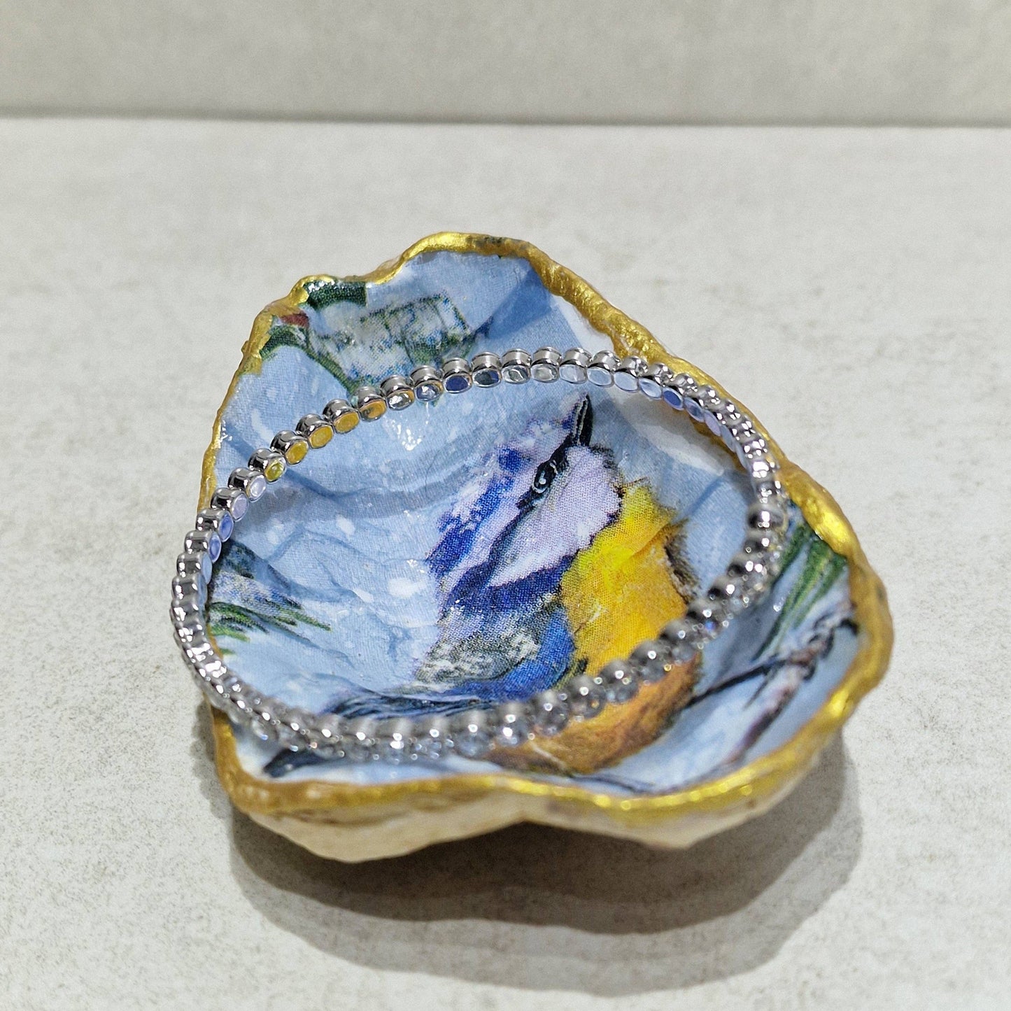 Winter Blue Tit Bird in Snow Branch Oyster Shell Trinket Dish