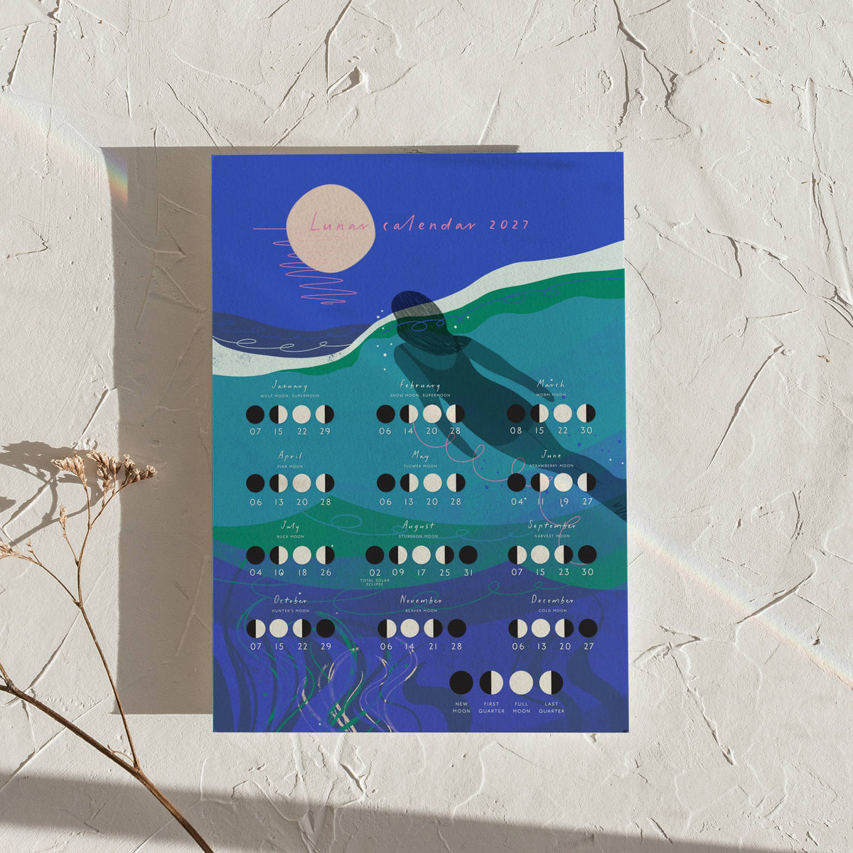 Lunar Calendar 2027 | A3 Moon Phase Calendar