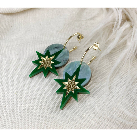 Rosa Pietsch - Seren Geo Star Hoop Earrings: Mint Green Marble and Gold
